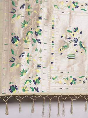 beige beige woven design zari silk blend paithani saree 5