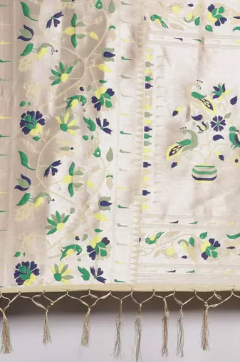 beige beige woven design zari silk blend paithani saree