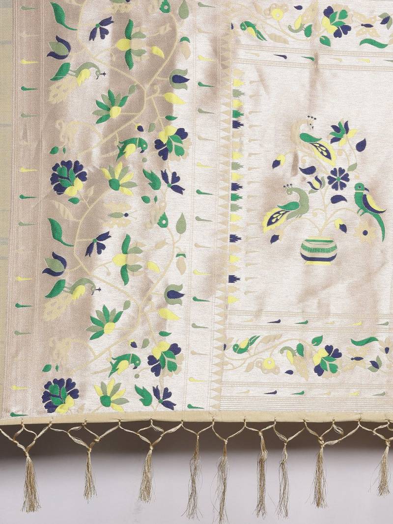 beige beige woven design zari silk blend paithani saree