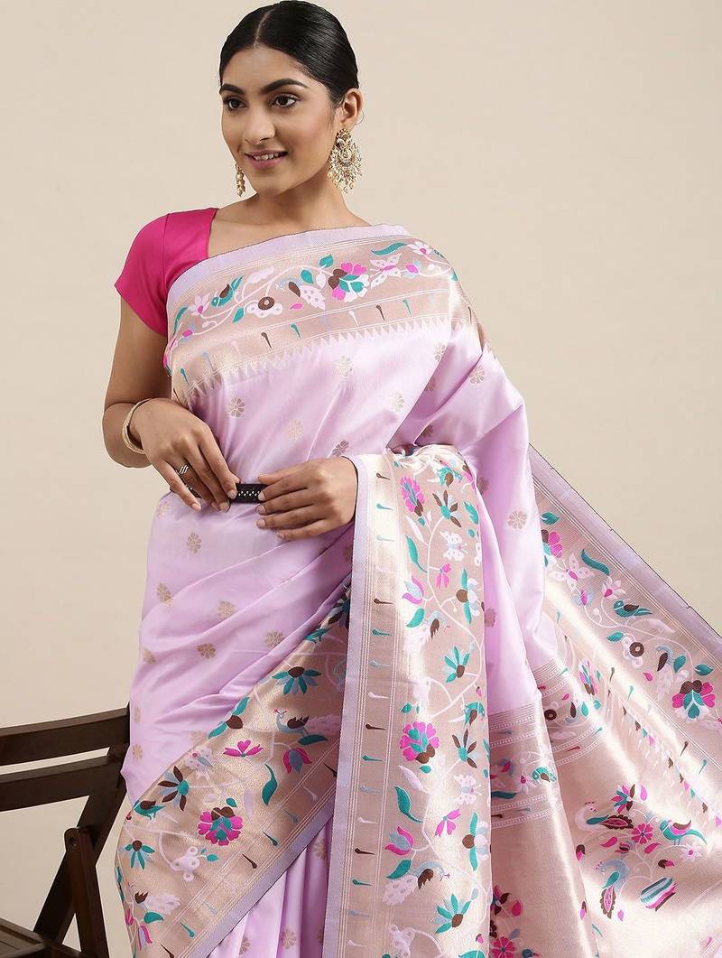 lavender lavender & gold-toned ethnic motifs silk blend saree