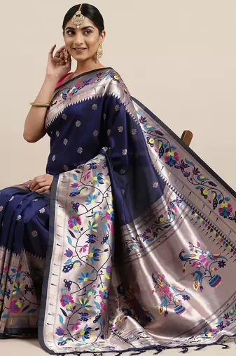 navy_blue navy blue & silver-toned ethnic motifs silk blend saree