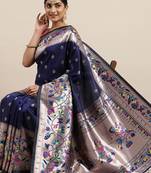 navy_blue navy blue & silver-toned ethnic motifs silk blend saree