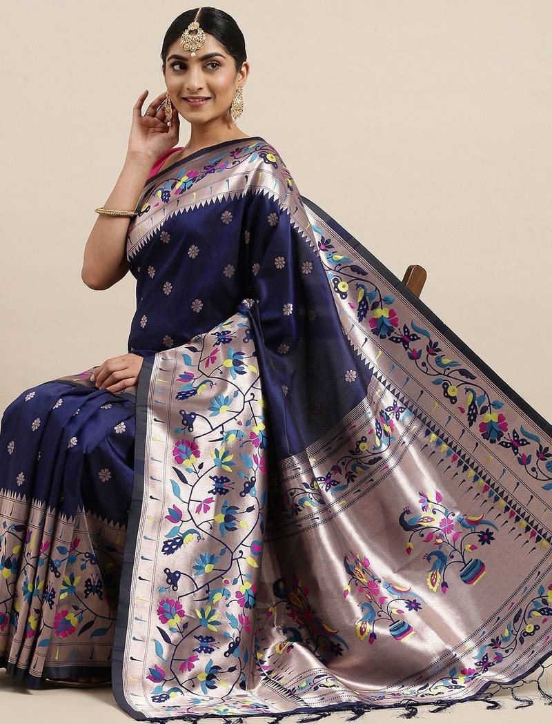 navy_blue navy blue & silver-toned ethnic motifs silk blend saree