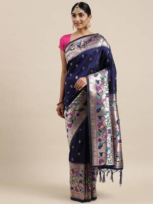 navy_blue navy blue & silver-toned ethnic motifs silk blend saree 2