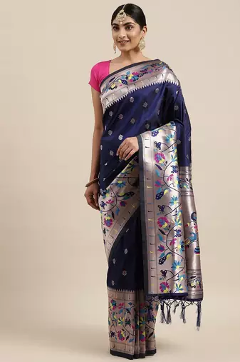 navy_blue navy blue & silver-toned ethnic motifs silk blend saree