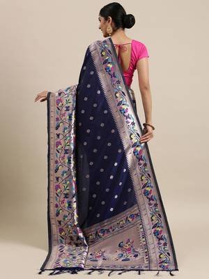 navy_blue navy blue & silver-toned ethnic motifs silk blend saree 3