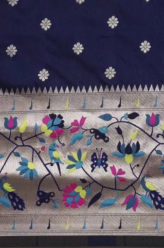 navy_blue navy blue & silver-toned ethnic motifs silk blend saree