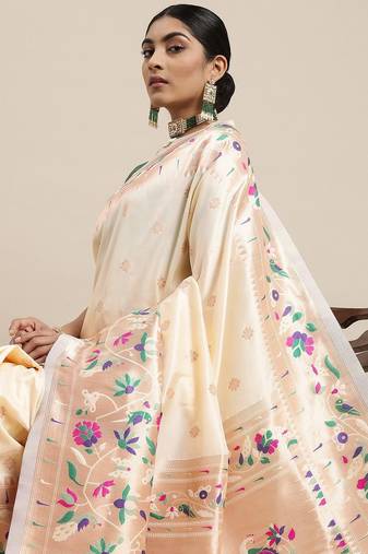 off_white off white & purple ethnic motifs silk blend saree