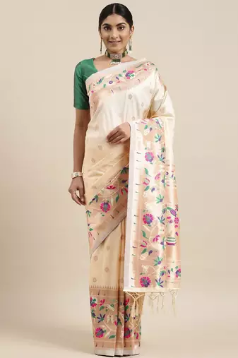 off_white off white & purple ethnic motifs silk blend saree