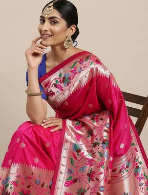 Coral coral & gold-toned ethnic motifs woven design zari saree 1