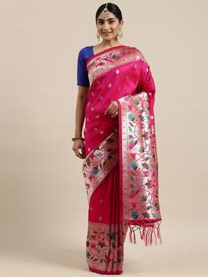 Coral coral & gold-toned ethnic motifs woven design zari saree 2
