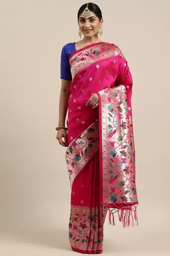 Coral coral & gold-toned ethnic motifs woven design zari saree