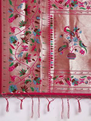 Coral coral & gold-toned ethnic motifs woven design zari saree 5
