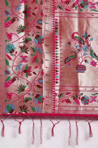 Coral coral & gold-toned ethnic motifs woven design zari saree