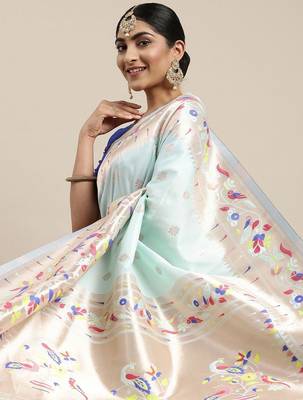 Green ethnic motifs embroidered pashmina designer saree 1