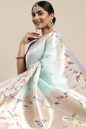 Green ethnic motifs embroidered pashmina designer saree