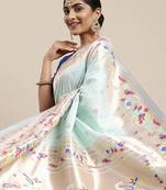 Green ethnic motifs embroidered pashmina designer saree