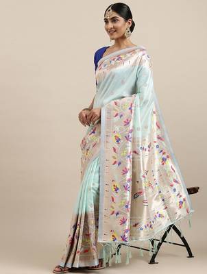 Green ethnic motifs embroidered pashmina designer saree 2