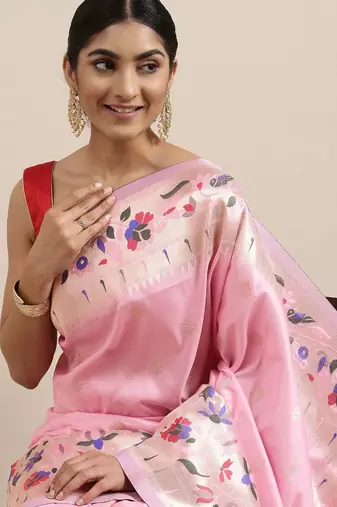 pink pink & gold-toned ethnic motifs silk blend saree