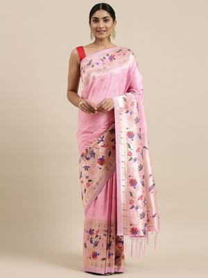 pink pink & gold-toned ethnic motifs silk blend saree 2