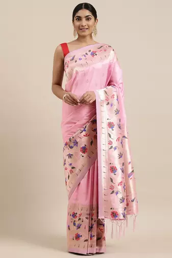 pink pink & gold-toned ethnic motifs silk blend saree