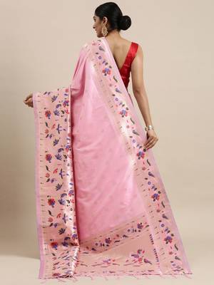 pink pink & gold-toned ethnic motifs silk blend saree 3