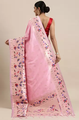 pink pink & gold-toned ethnic motifs silk blend saree