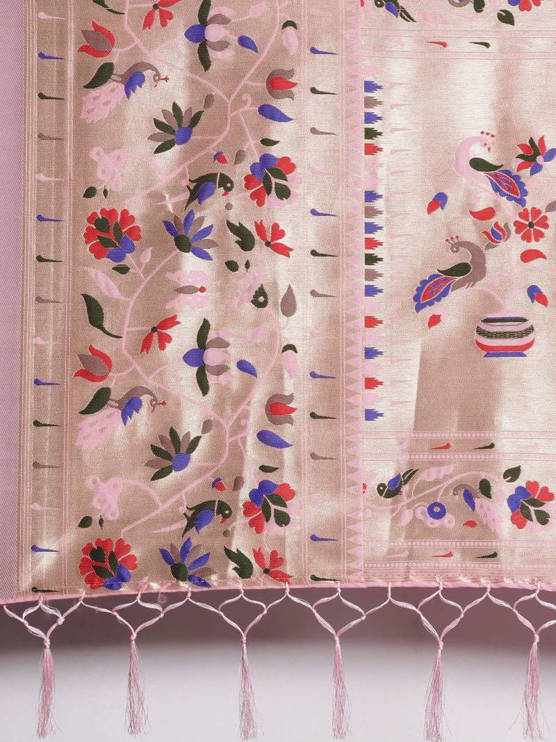 pink pink & gold-toned ethnic motifs silk blend saree