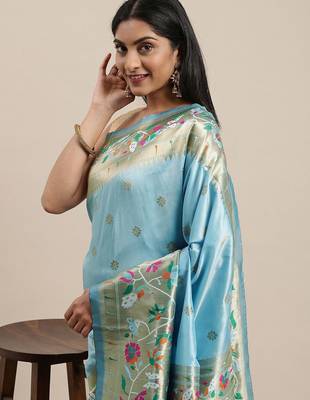 blue blue & gold-toned ethnic motifs silk blend saree 1