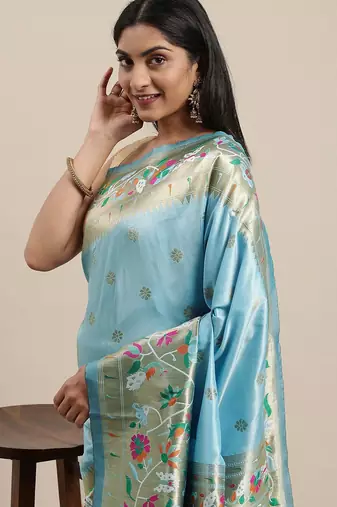 blue blue & gold-toned ethnic motifs silk blend saree
