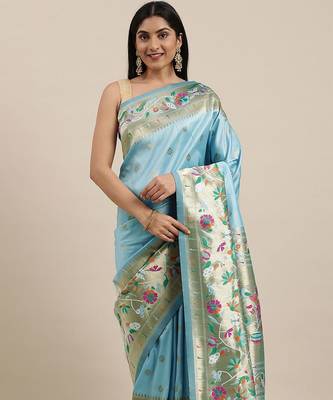 blue blue & gold-toned ethnic motifs silk blend saree 2