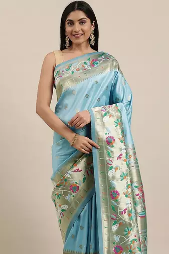 blue blue & gold-toned ethnic motifs silk blend saree