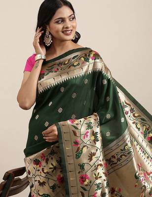 green green woven design zari silk blend paithani saree 1