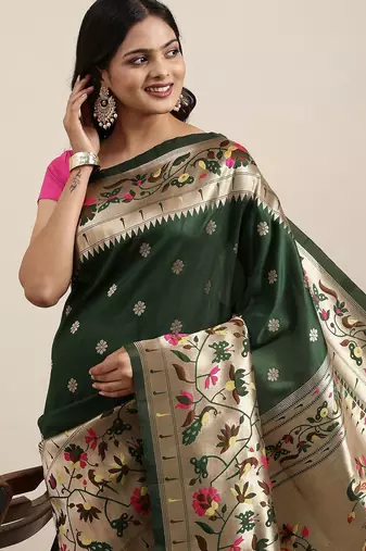 green green woven design zari silk blend paithani saree