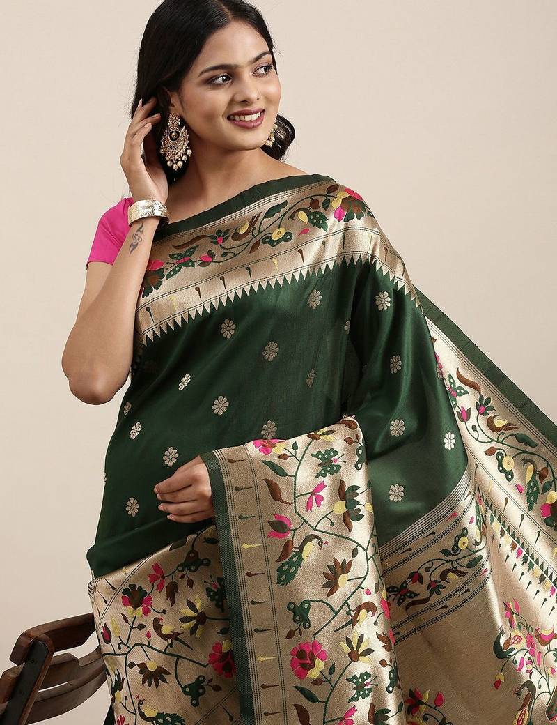 green green woven design zari silk blend paithani saree