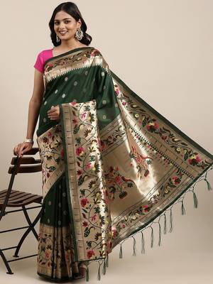 green green woven design zari silk blend paithani saree 2