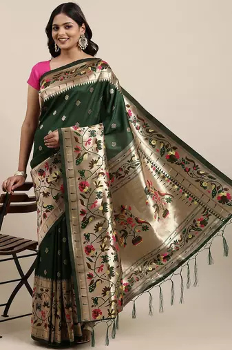 green green woven design zari silk blend paithani saree