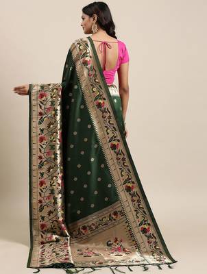 green green woven design zari silk blend paithani saree 3