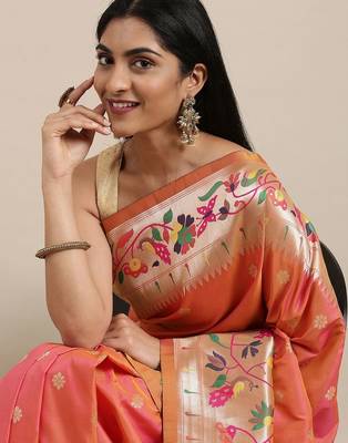 coral coral & gold-toned ethnic motifs silk blend saree 1