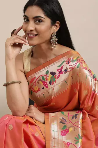 coral coral & gold-toned ethnic motifs silk blend saree