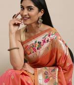 coral coral & gold-toned ethnic motifs silk blend saree