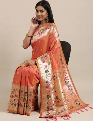 coral coral & gold-toned ethnic motifs silk blend saree 2