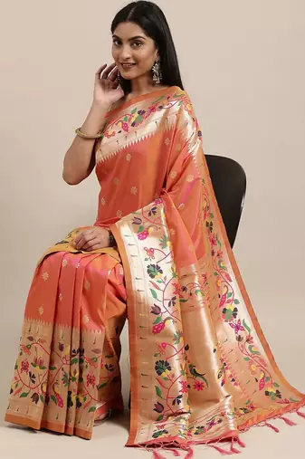 coral coral & gold-toned ethnic motifs silk blend saree