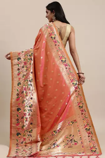 coral coral & gold-toned ethnic motifs silk blend saree