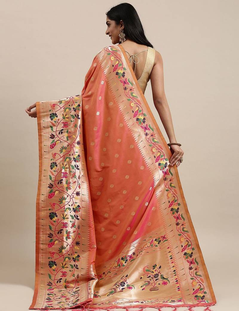 coral coral & gold-toned ethnic motifs silk blend saree