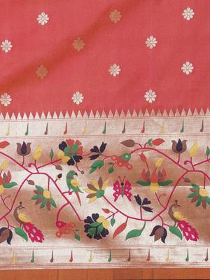 coral coral & gold-toned ethnic motifs silk blend saree 4