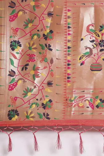 coral coral & gold-toned ethnic motifs silk blend saree
