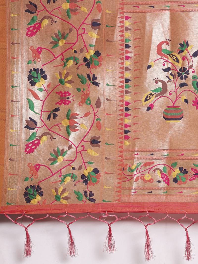 coral coral & gold-toned ethnic motifs silk blend saree