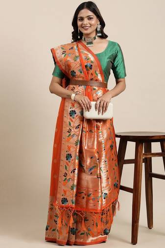orange orange woven design zari silk blend paithani saree
