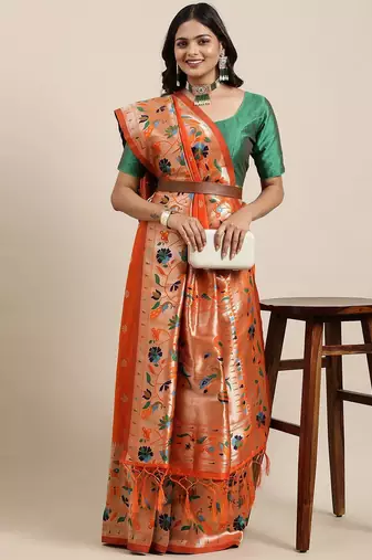 orange orange woven design zari silk blend paithani saree